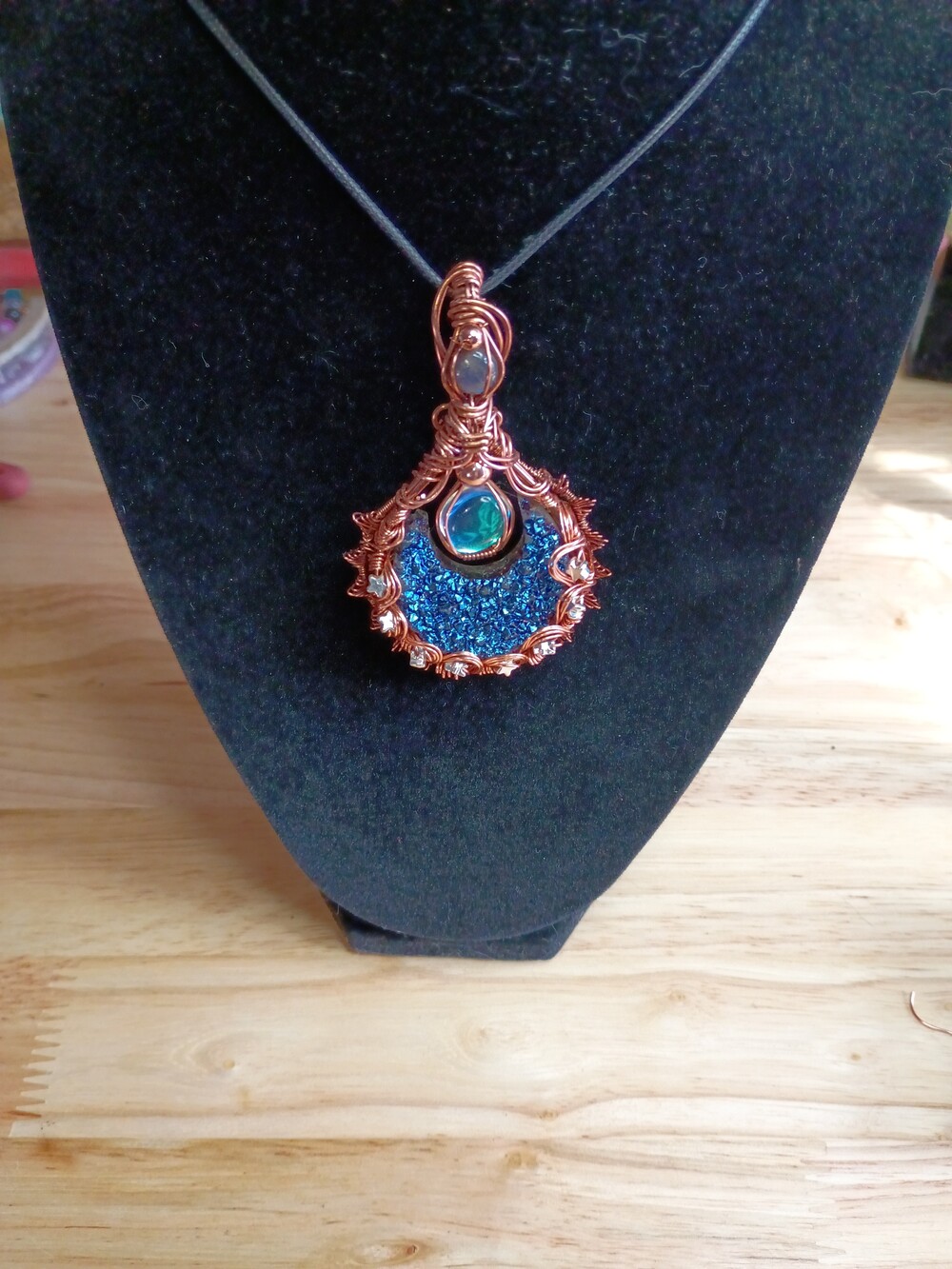 Wire-Wrapped Blue Druzy Agate Moon Pendant.